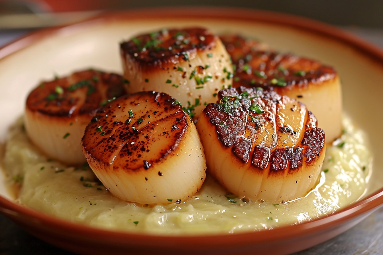 Dégustez la recette unique de Noix de Saint-Jacques flambée au Ricard sur fondue de poireau